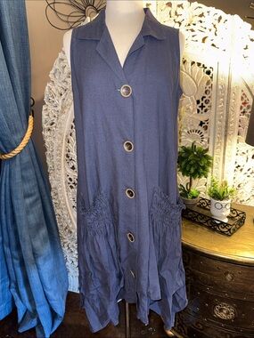 For Cynthia Sleeveless Navy Button-Front Midi Dress with Pockets